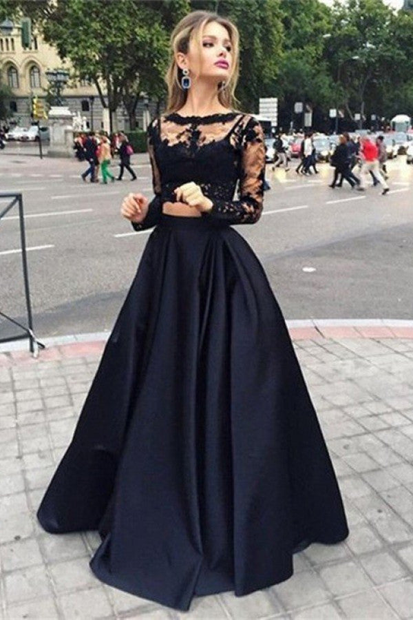 Long Sleeves Black Lace Two-Piece Prom Dress