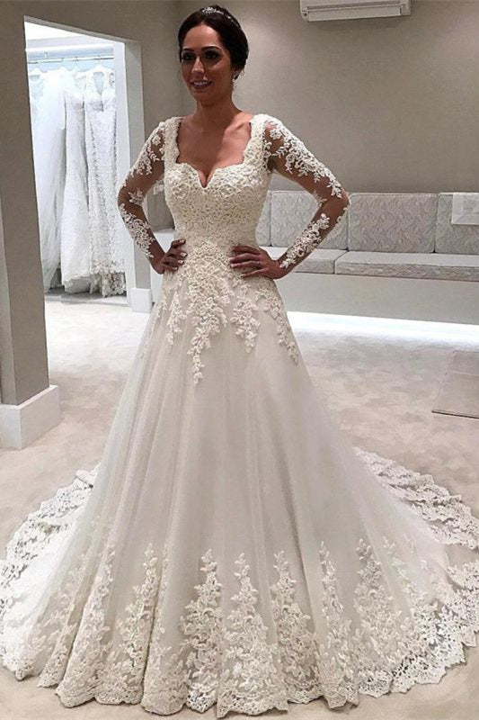 Long Sleeve A-Line Wedding Dress with Lace Appliques