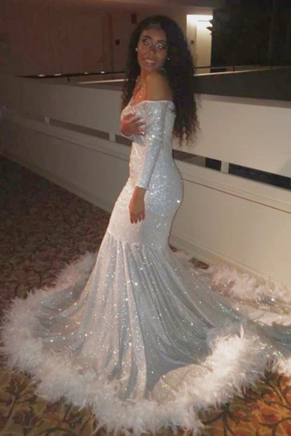 
                      
                        Long Sleeves Off-the-Shoulder Sequins Mermaid Long Prom Dress with Feather
                      
                    