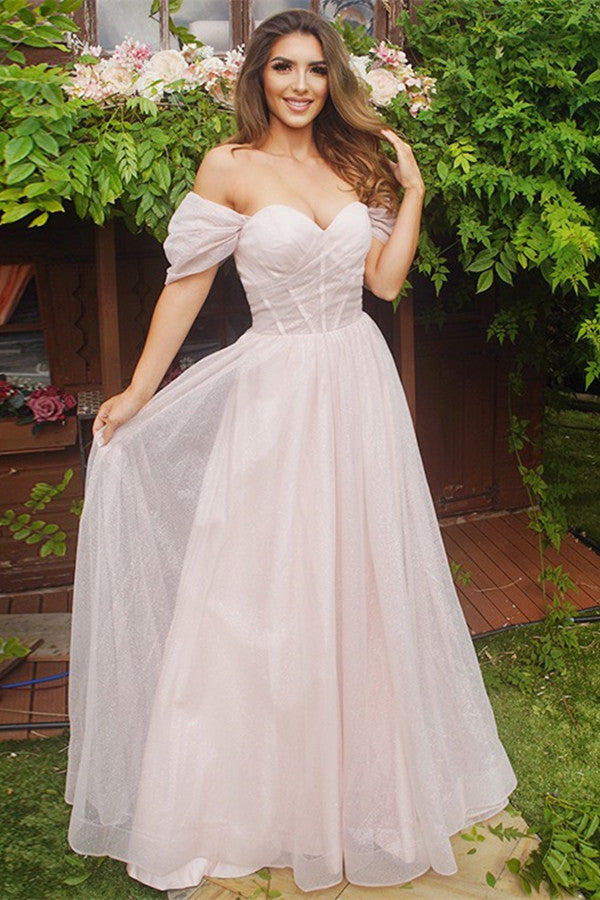 Pale Pink Off-the-Shoulder Evening Dress