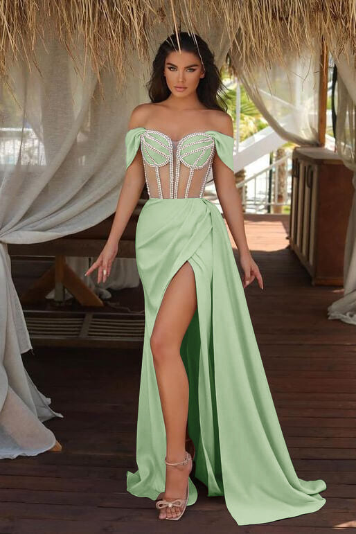 
                      
                        Champagne Off-The-Shoulder Mermaid Prom Dress with Beadings Split Ruffles
                      
                    