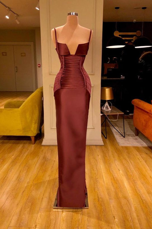 Burgundy Spaghetti-Straps V-Neck Mermaid Prom Dress