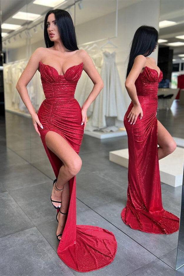 
                      
                        Burgundy Sleeveless Long Sequined Mermaid Prom Dress with Split
                      
                    