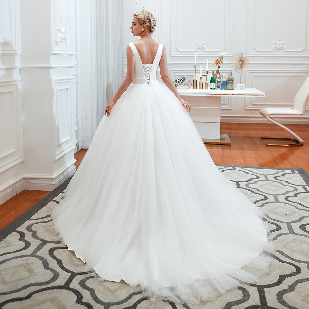 
                      
                        Wide Strap Deep V-Neck Floor-Length A-Line Wedding Dress with Tulle
                      
                    