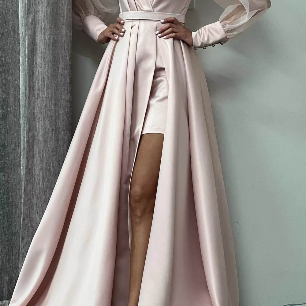 
                      
                        Long Puff Sleeve A-Line Evening Dress with Slit
                      
                    