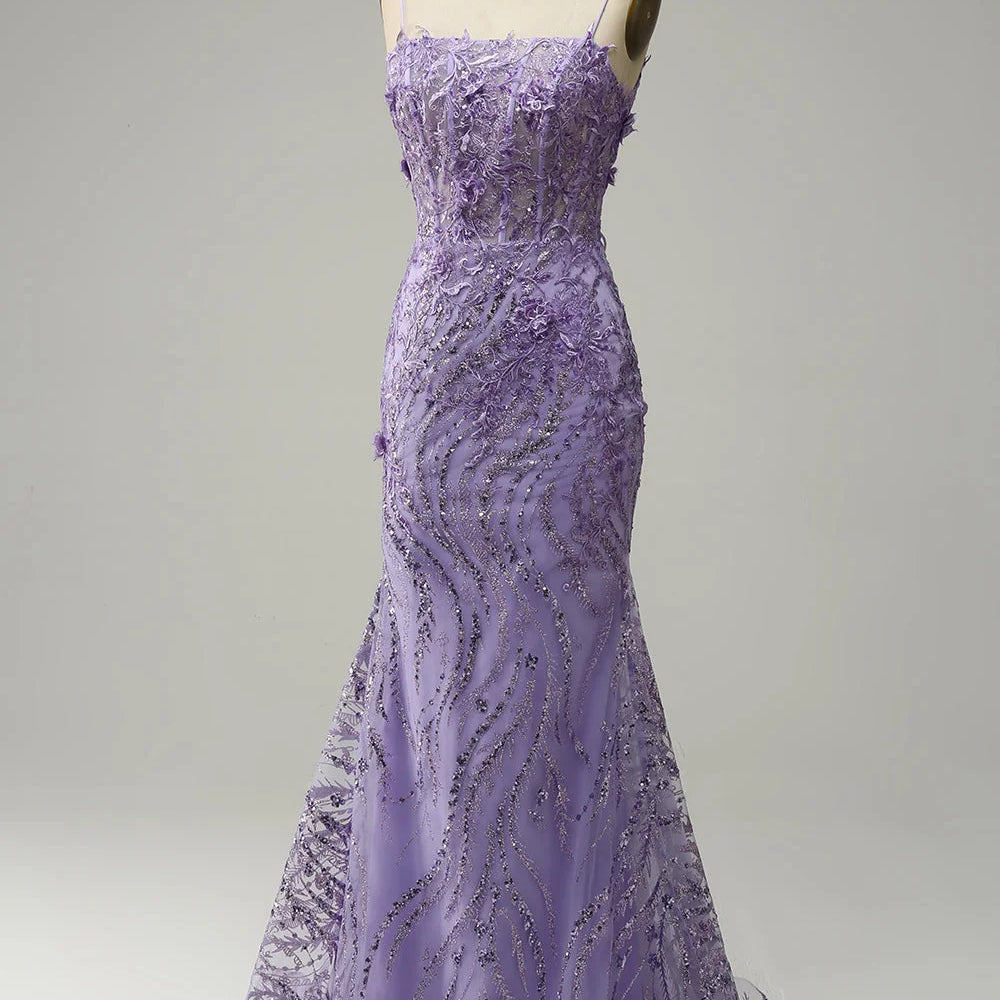 
                      
                        Glamorous Purple Applique Spaghetti Strap Mermaid Prom Dress
                      
                    