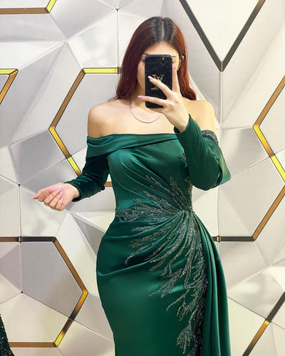 
                      
                        Glamorous Off-the-Shoulder Dark Green Pleated Mermaid Prom Dress
                      
                    