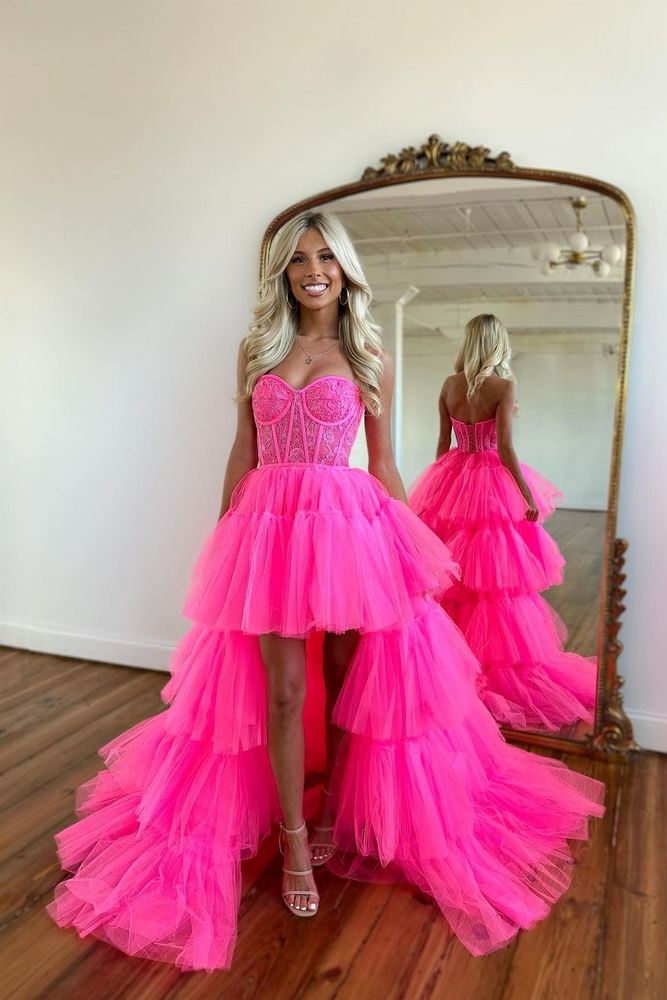 Beautiful Rose Prom Dress with Sleeveless Gown Tulle Train