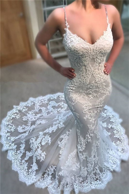 Spaghetti Strap V-Neck Long Mermaid Wedding Dress with Lace Appliques