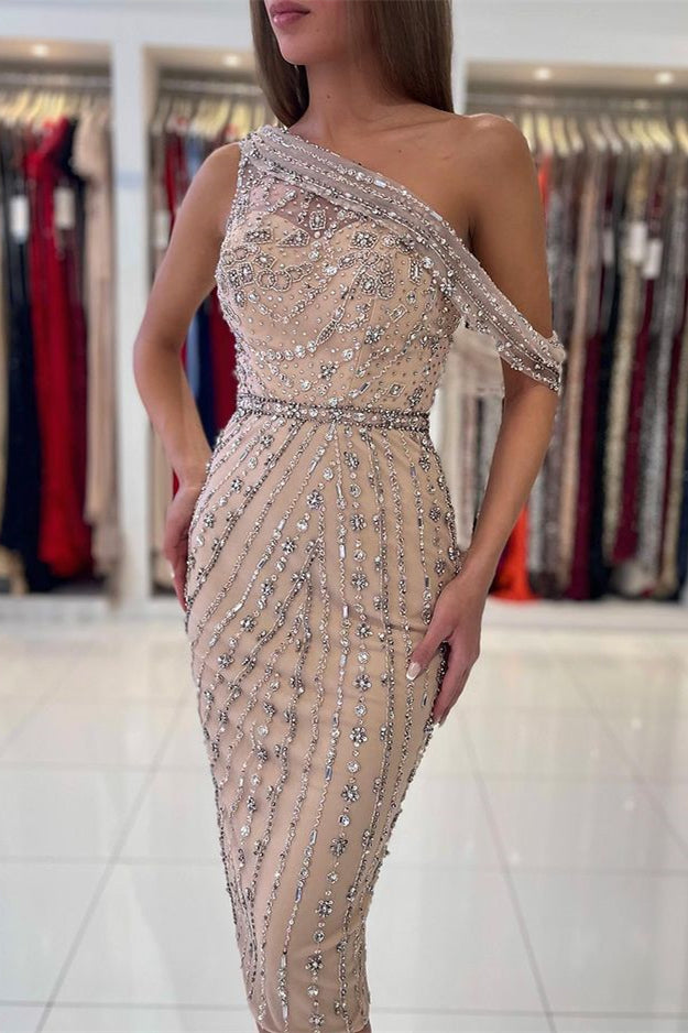 
                      
                        Luxurious One Shoulder Sheath Knee-Length Short Prom Dress with Crystals
                      
                    