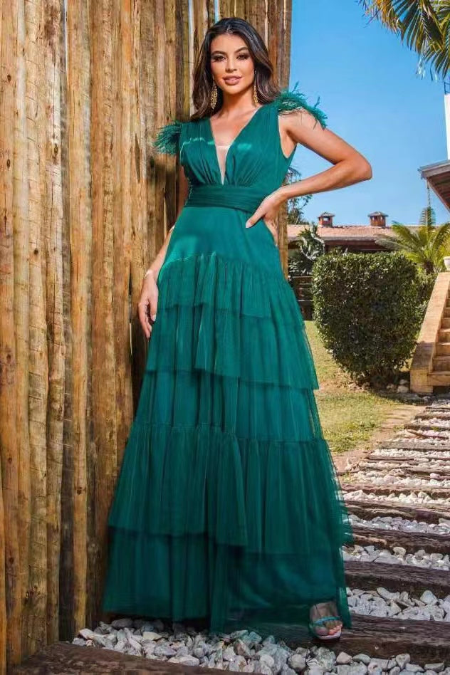 Peacock Strapped Deep V-Neck Layered Tulle Prom Dress with Feathers