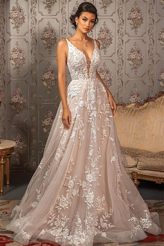 Sleeveless V-Neck Tulle A-Line Lace Appliques Wedding Dress