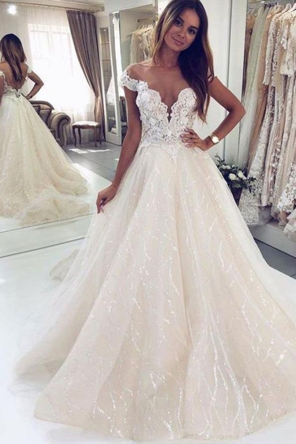 Long A-Line Tulle Open Back Wedding Dress with Off-the-Shoulder