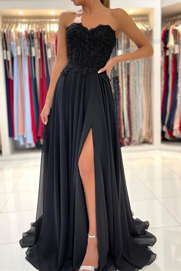 Black Sweetheart Prom Dress Appliques with Split