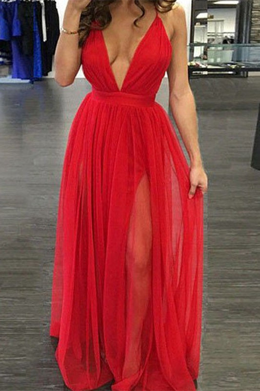 Red Deep V-Neck Long Prom Dress with Slit