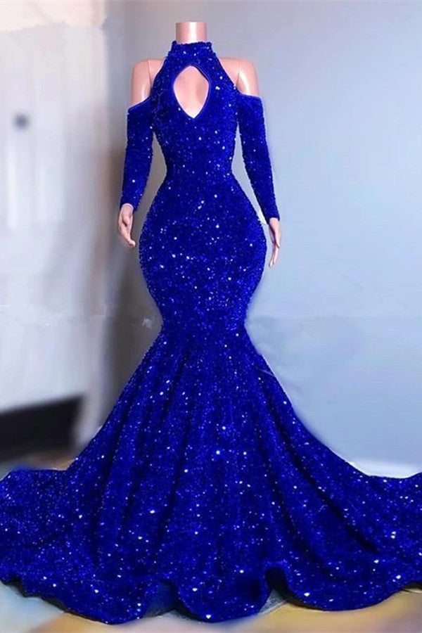 Royal Blue Long Sleeves Mermaid Prom Dress High Collar with Sequins