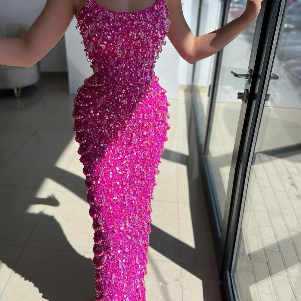 Fuchsia Acrylic Spaghetti-Straps Mermaid Prom Dress with Pearls Sequins