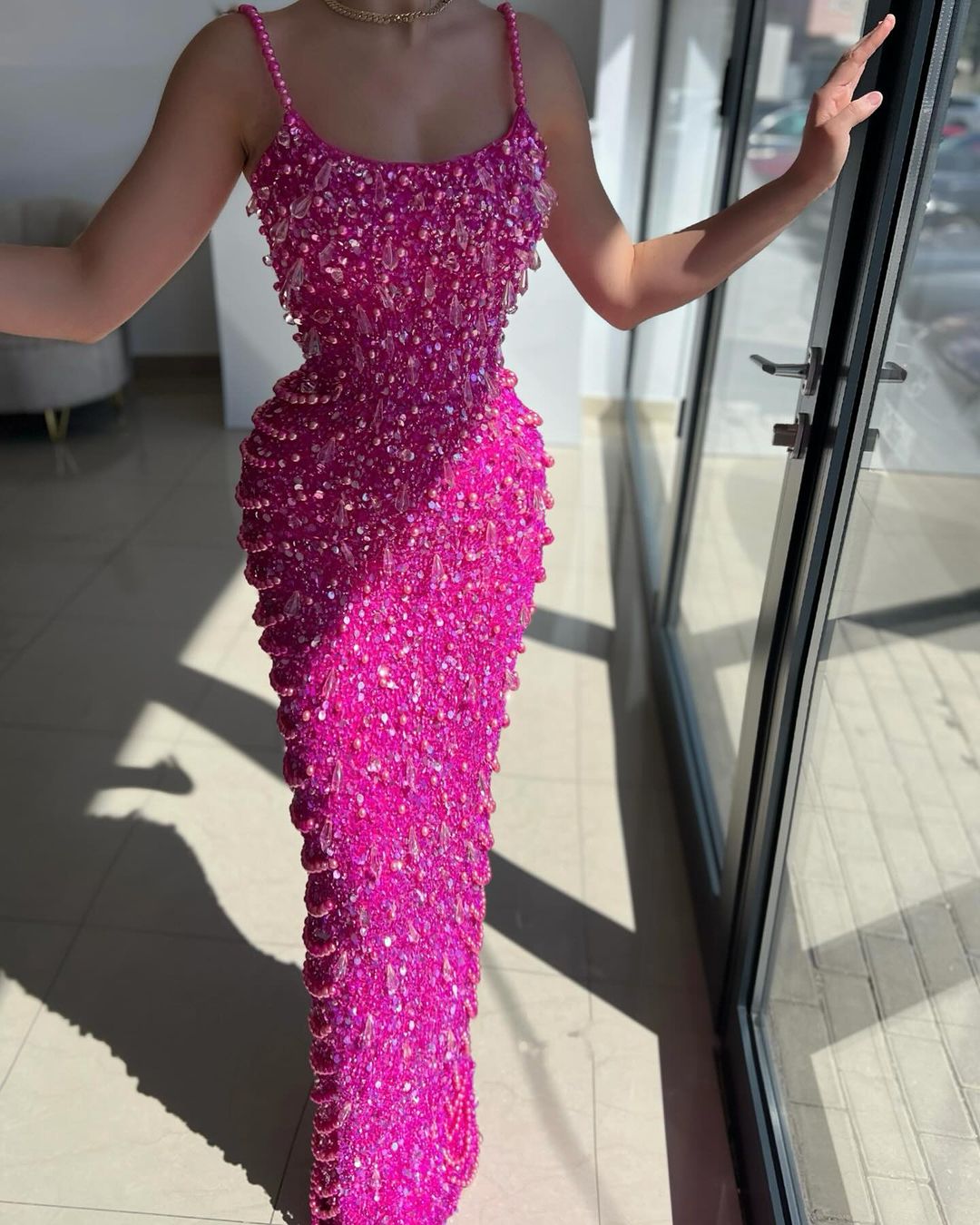 Fuchsia Acrylic Spaghetti-Straps Mermaid Prom Dress with Pearls Sequins