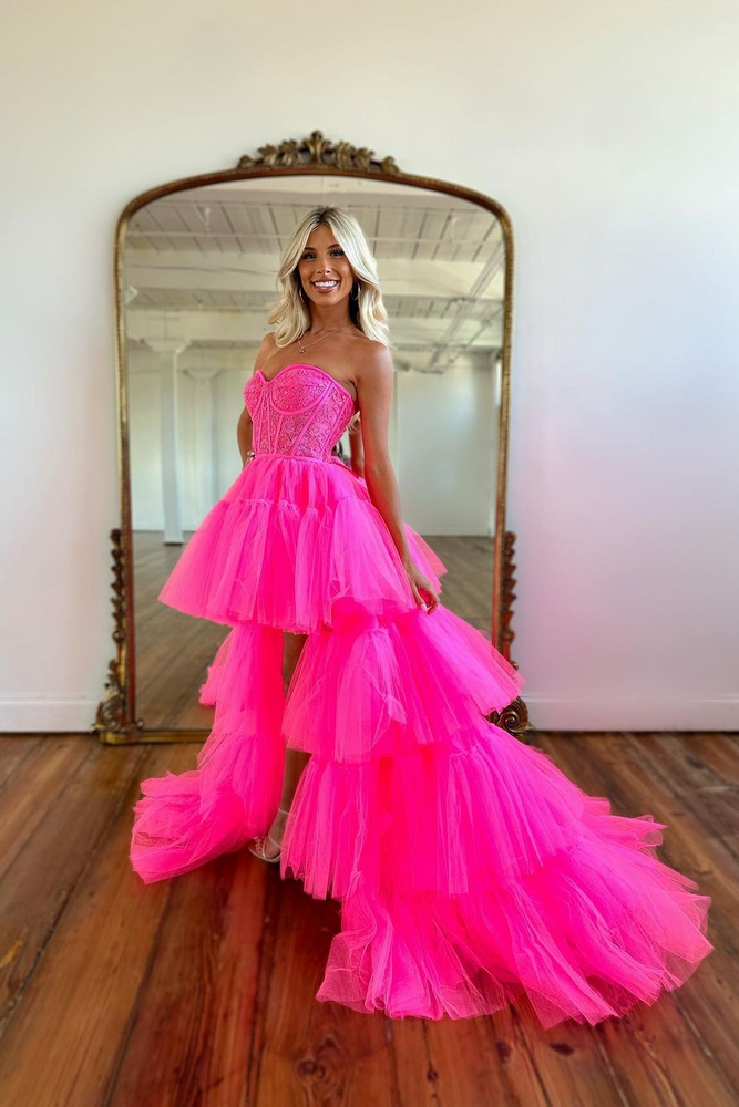 
                      
                        Beautiful Rose Prom Dress with Sleeveless Gown Tulle Train
                      
                    