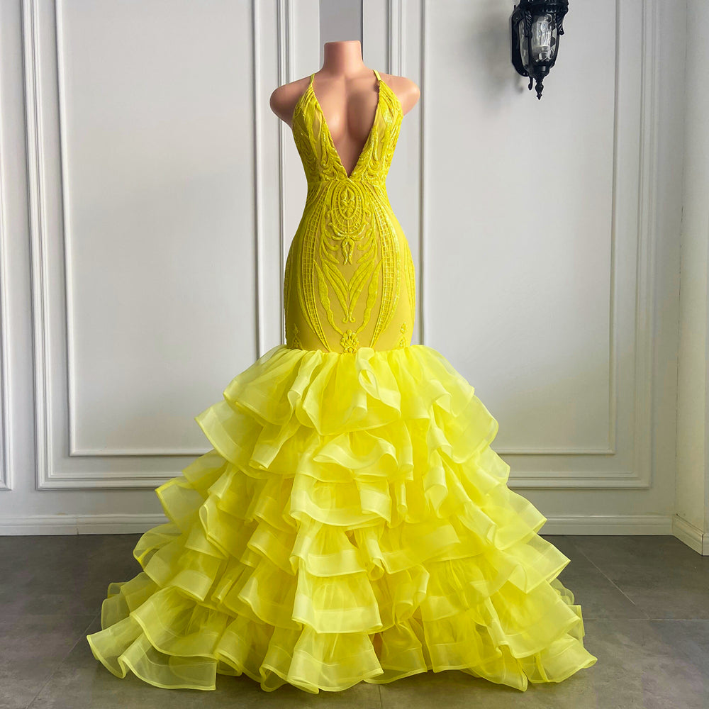 
                      
                        Bright Yellow V-Neck Halter Lace Mermaid Prom Dress with Ruffle
                      
                    