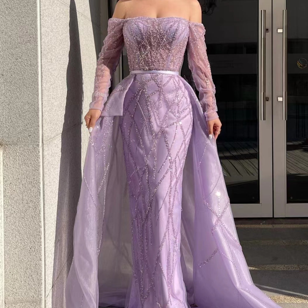 Lilac Off-the-Shoulder Long Sleeve Tulle Mermaid Prom Dress with Beads