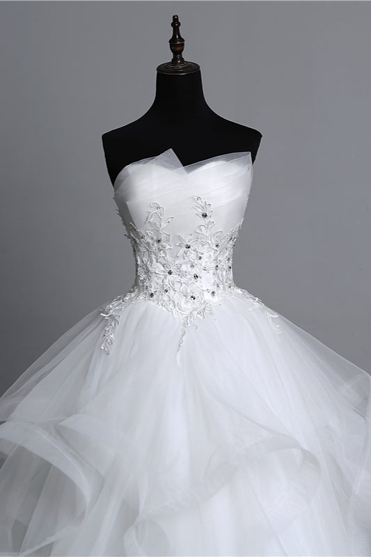 
                      
                        Long Ball Gown Strapless Tulle Layered Wedding Dress with Beaded Appliques
                      
                    