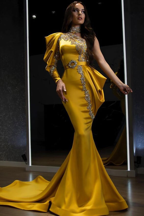 Yellow Halter Mermaid Evening Dress with One Shoulder Long Sleeve and Beadings