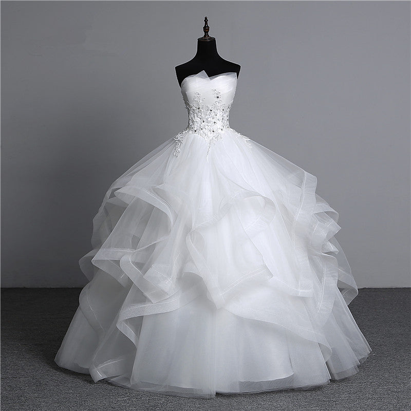 
                      
                        Long Ball Gown Strapless Tulle Layered Wedding Dress with Beaded Appliques
                      
                    