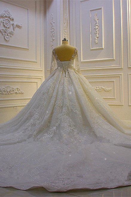 
                      
                        Long Sleeve Ball Gown Beaded Church Train Wedding Dress with Lace Appliques
                      
                    