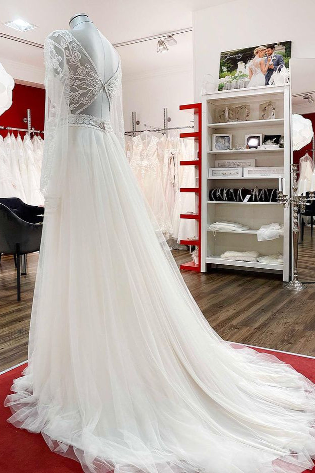 
                      
                        Long A-Line Sweetheart Wedding Dress with Sleeves, Appliques, Tulle, and Beadings
                      
                    