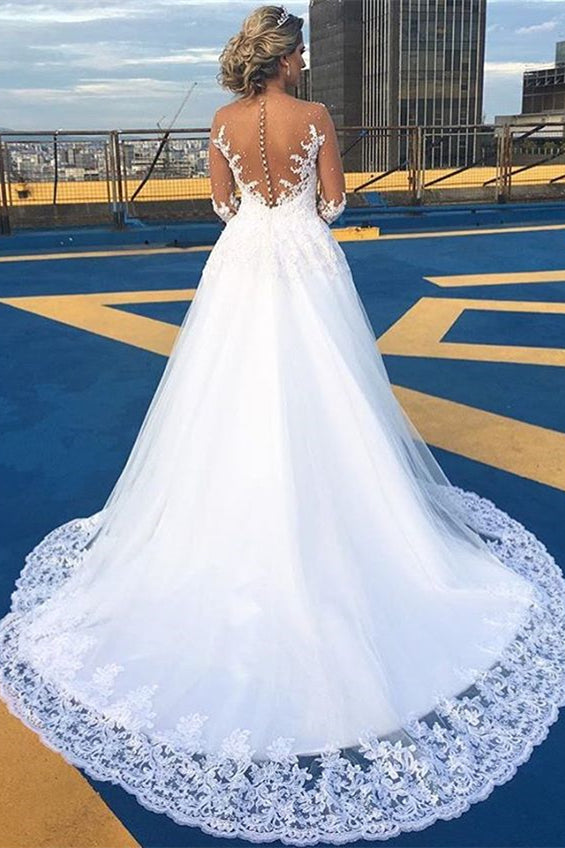 
                      
                        V-Neck Long Sleeve A-Line Wedding Dress with Lace
                      
                    