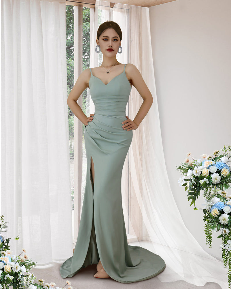 
                      
                        Seafoam Green Spaghetti-Strap Prom Dress with Pleated Slit
                      
                    