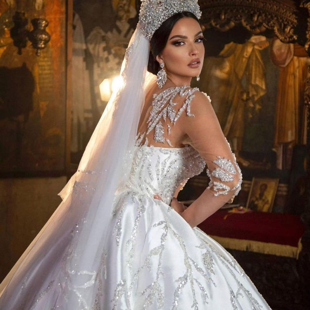 
                      
                        Gorgeous Long Princess Sweetheart Satin Wedding Dress with Sleeves
                      
                    