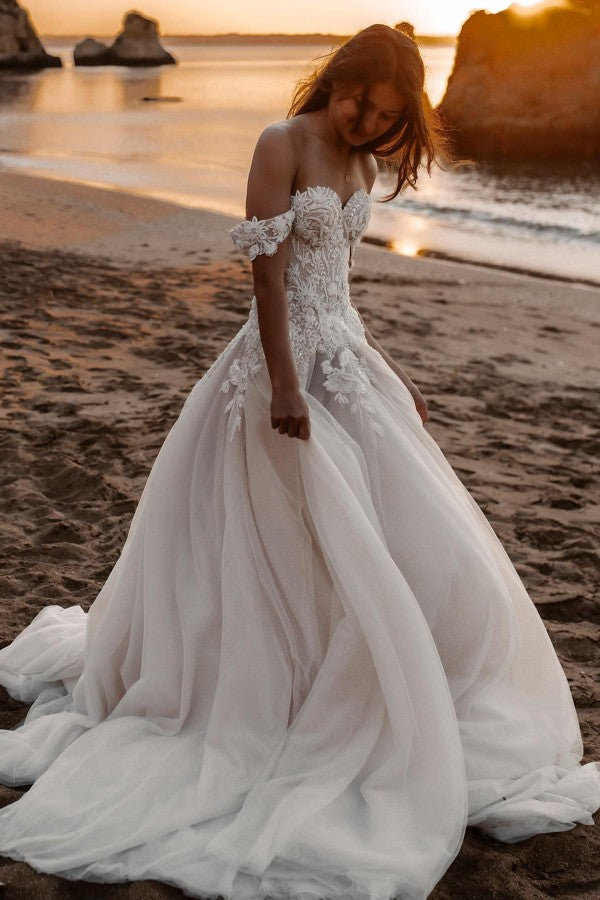 Off-the-Shoulder Tulle Train A-Line Wedding Dress with Lace Appliques