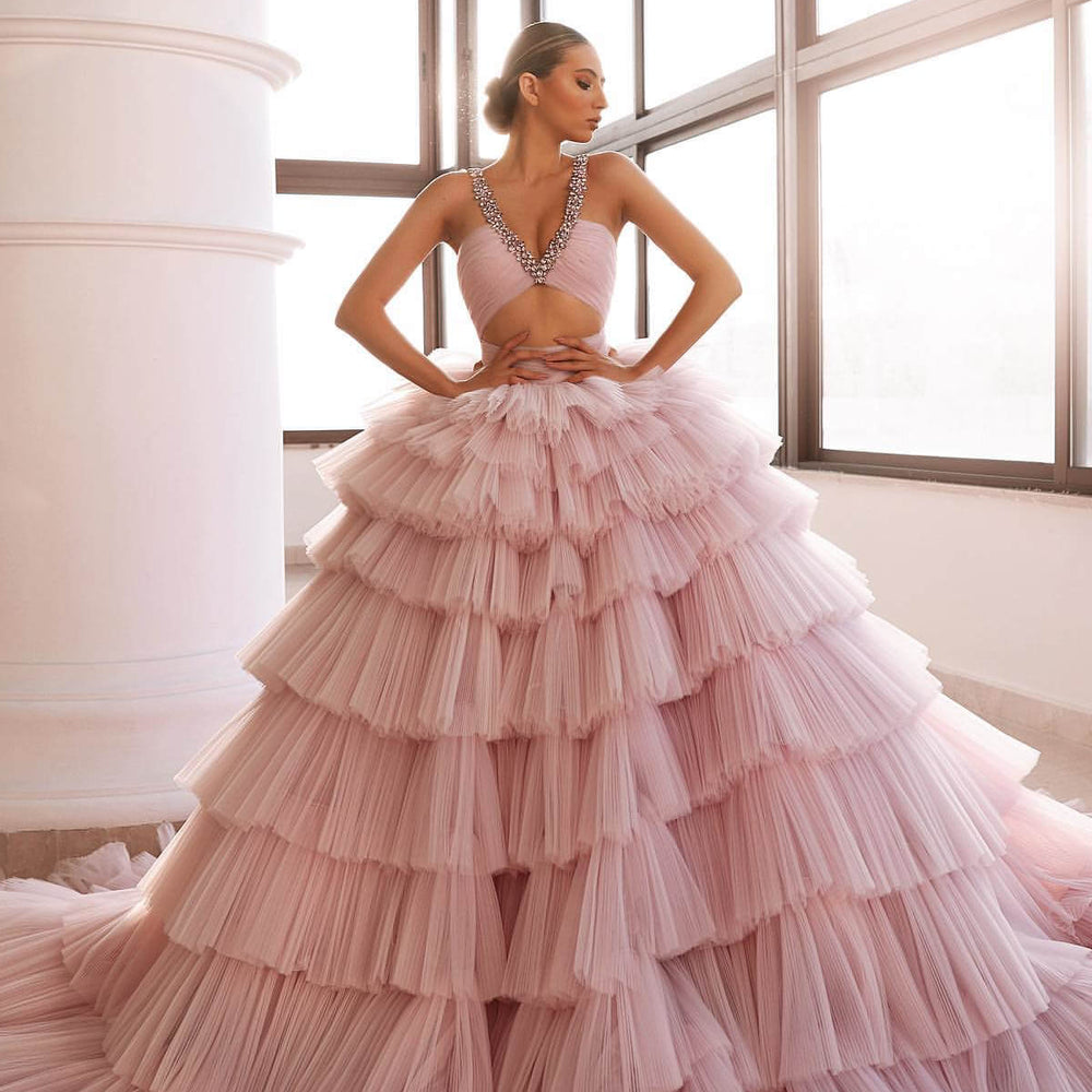 643. Luxurious Pink Deep V-Neck Sleeveless Prom Dress with Tulle Layered and Crystal