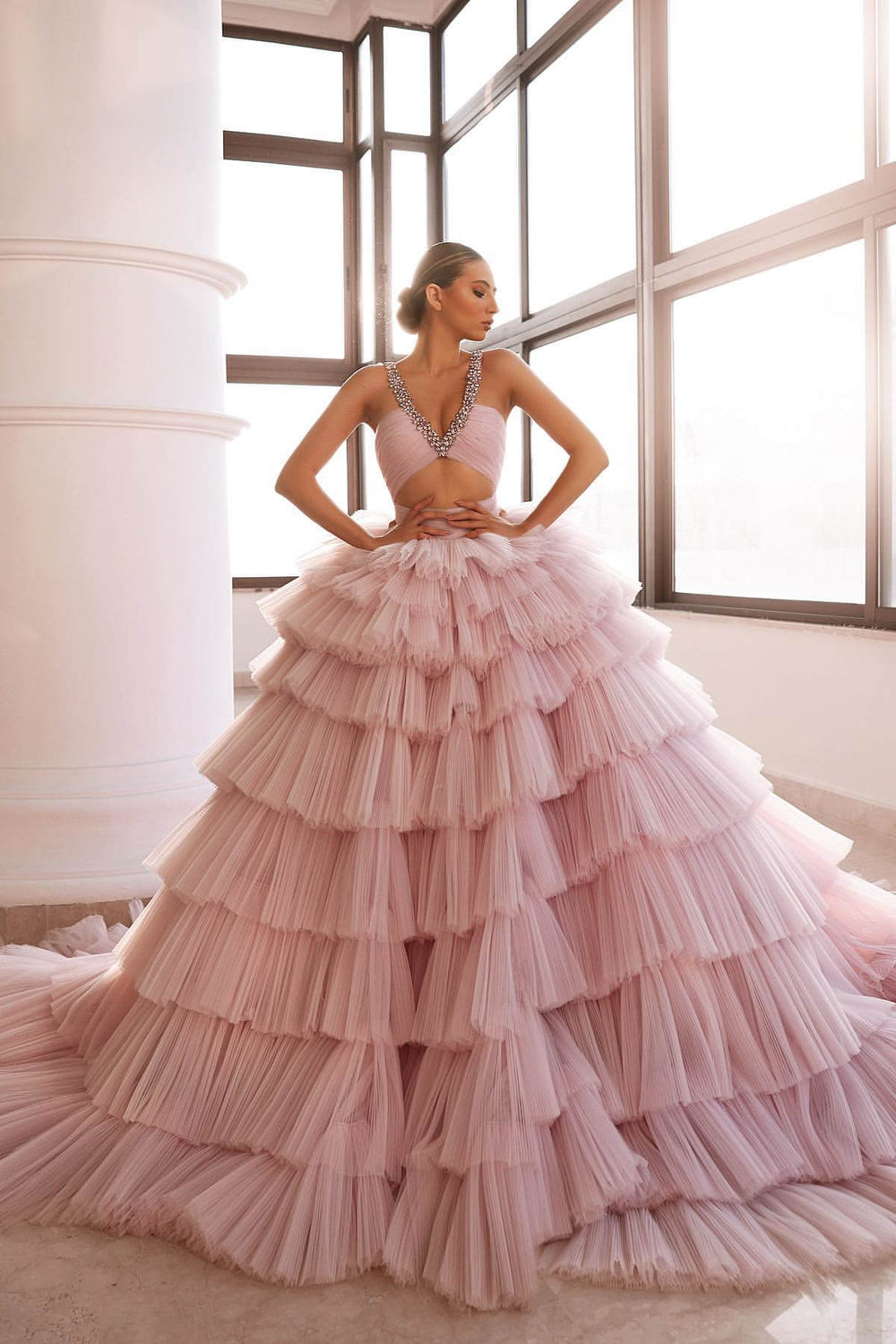 643. Luxurious Pink Deep V-Neck Sleeveless Prom Dress with Tulle Layered and Crystal