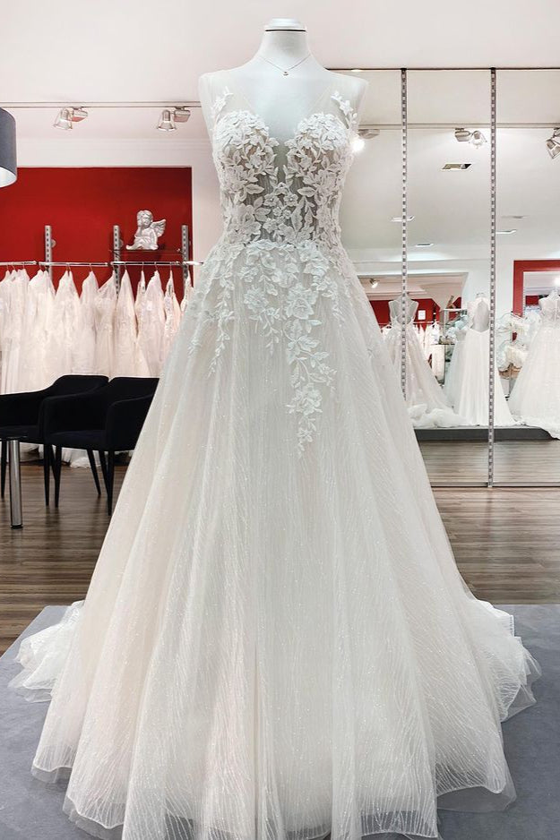 Sweetheart Long A-Line Wedding Dress with Tulle Ruffles, Open Back, and Lace Appliques