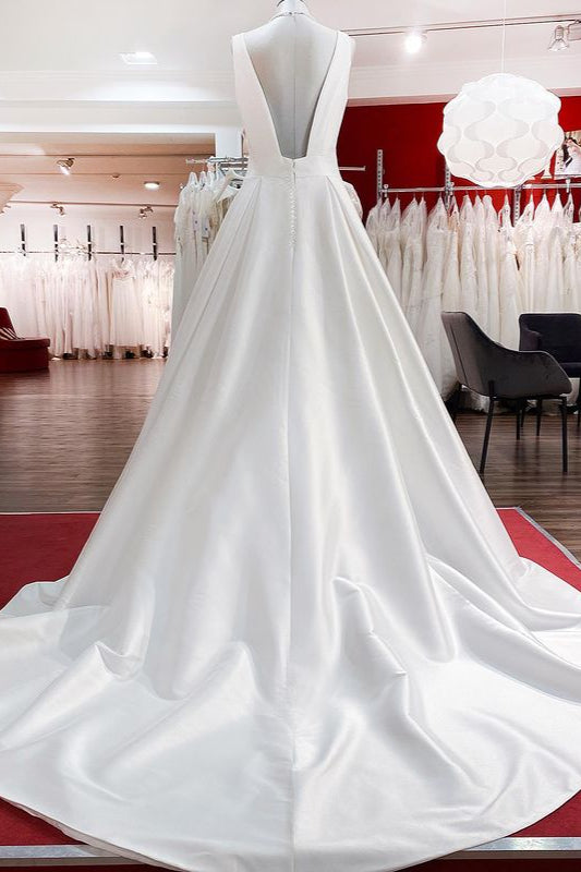 
                      
                        Long A-Line V-Neck Satin Open Back Wedding Dress with Ruffles
                      
                    