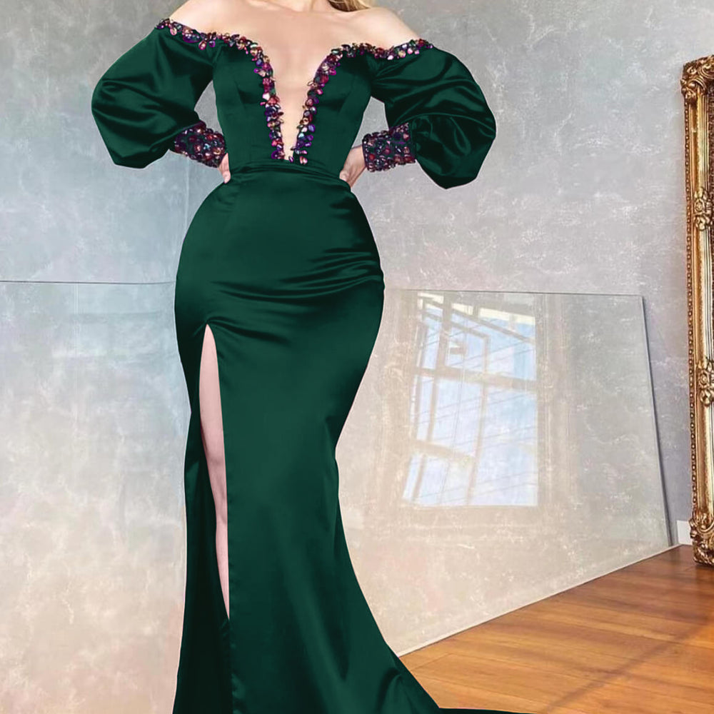 
                      
                        Purple Off-the-Shoulder V-Neck Beaded Long Sleeve Mermaid Prom Dress with Front Split
                      
                    