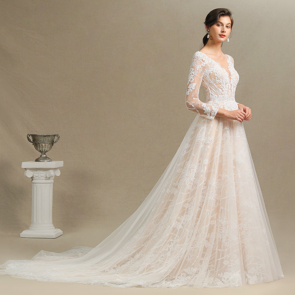 
                      
                        Sheer Long Sleeve A-Line Illusion Tulle Wedding Dress with Lace
                      
                    