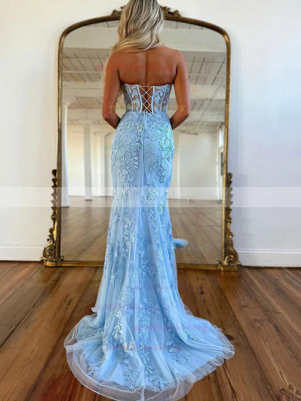 
                      
                        Baby Blue V-Neck Backless Mermaid Tulle Prom Dress with Lace Printing
                      
                    