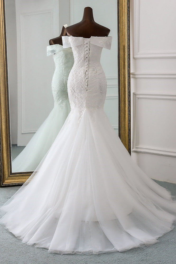 
                      
                        Off-the-Shoulder Long Mermaid Wedding Dress with Tulle Lace
                      
                    