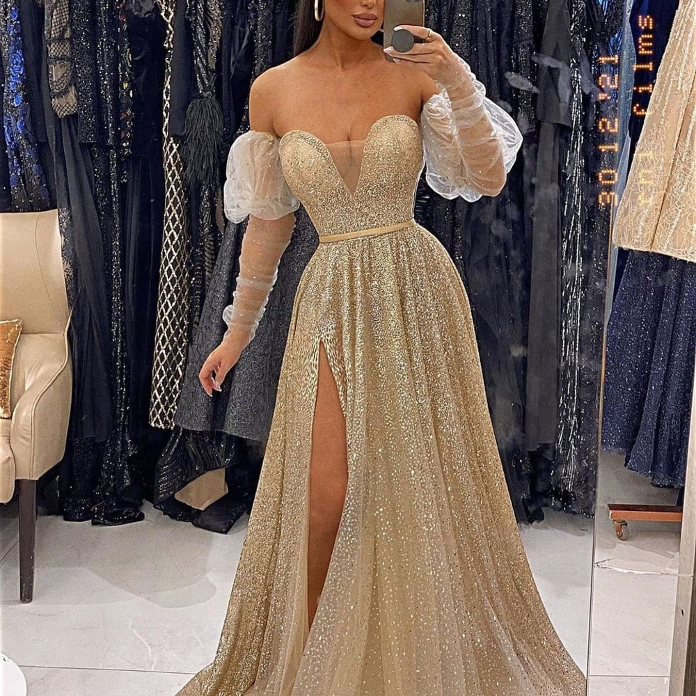 
                      
                        Champagne V-Neck Sequins Evening Prom Dress with Front Split and Long Sleeves
                      
                    