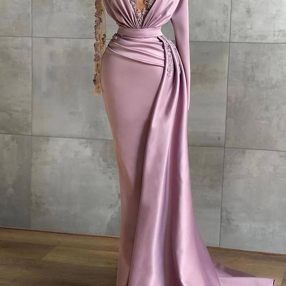 Long Sleeves Lavender V-Neck Prom Dress with Ruffles and Applique Mermaid