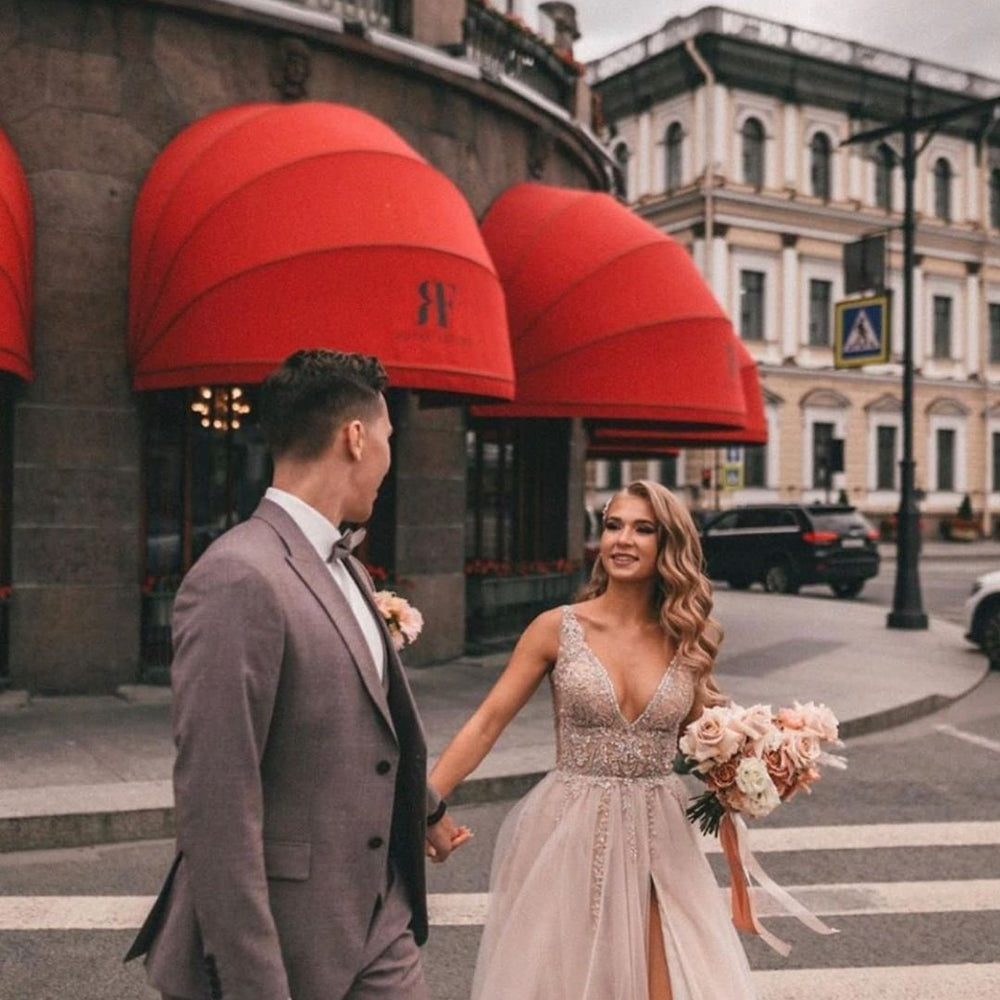 
                      
                        Boho Long A-Line V-Neck Tulle Lace Wedding Dress with Slit and Appliques
                      
                    