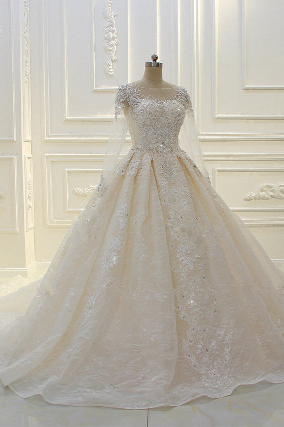 
                      
                        Bateau Long Sleeve Beaded Ball Gown Wedding Dress with Lace Appliques
                      
                    