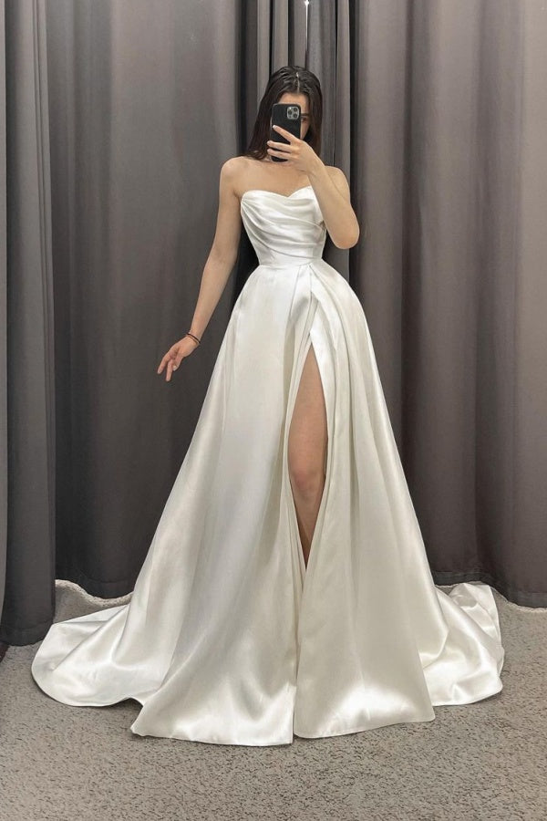 Elegant A-Line Off-the-Shoulder Sweetheart Wedding Dress Satin With High Split