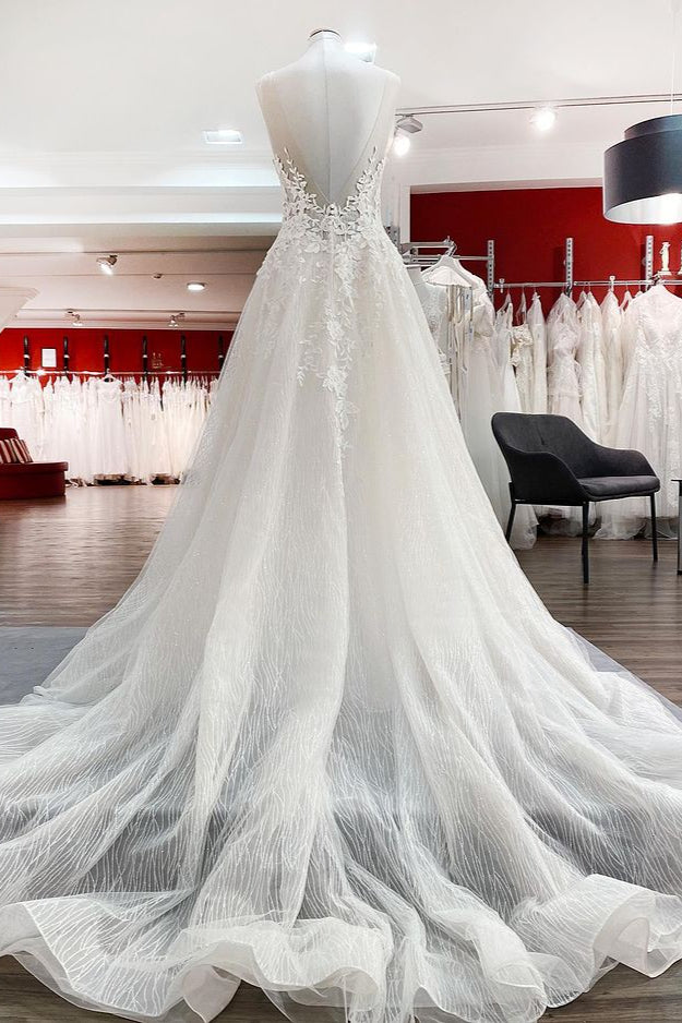 
                      
                        Sweetheart Long A-Line Wedding Dress with Tulle Ruffles, Open Back, and Lace Appliques
                      
                    