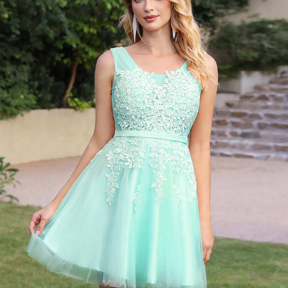 
                      
                        Beautiful Sleeveless lace-up Short homecoming Dress Tulle Lace Appliques
                      
                    