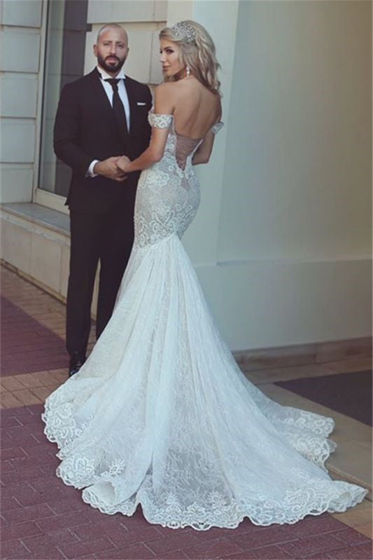 
                      
                        Off-the-Shoulder Sweetheart Mermaid Lace Wedding Dress with Lace-Up Back
                      
                    